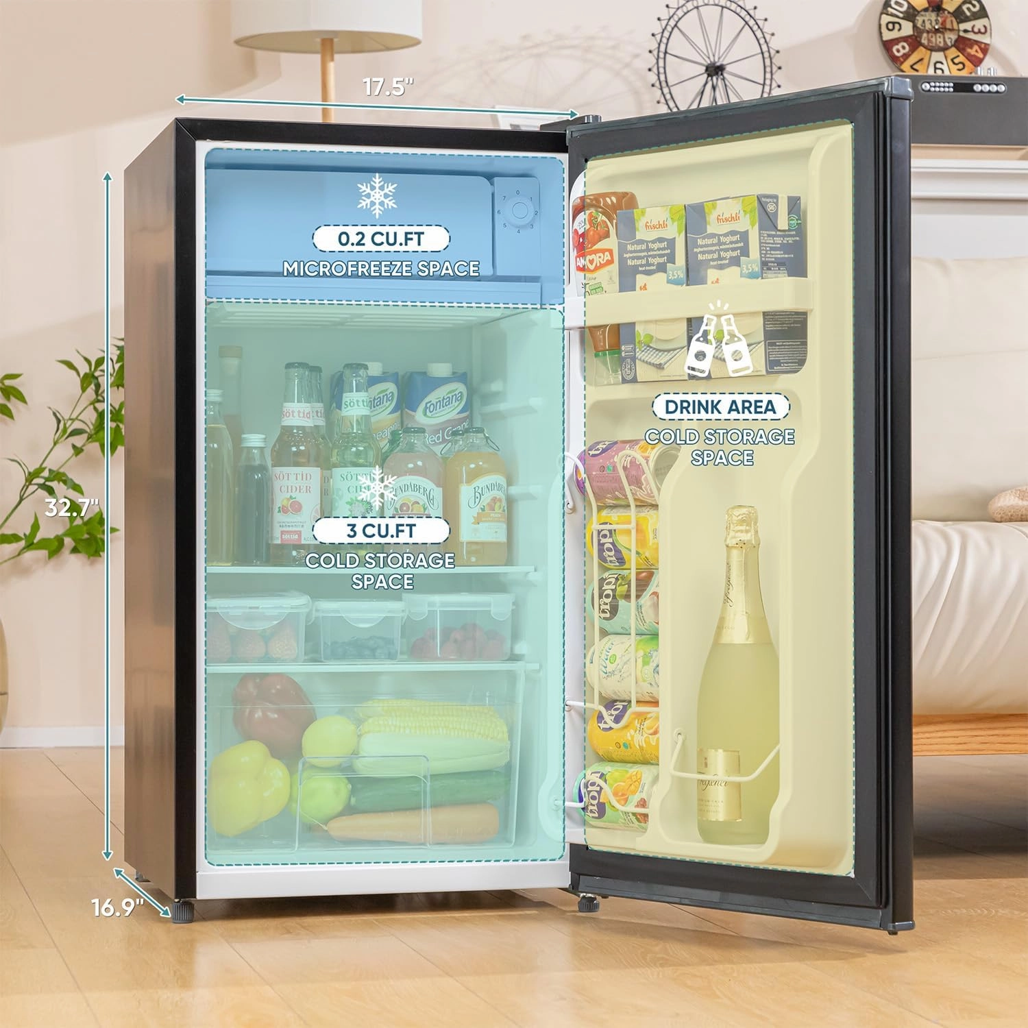 3.2 Cu.Ft Mini Fridge with Freezer, Single Door Mini Fridge, Adjustable Thermostat, Energy Saving Mini Refrigerator for Bedroom, Office, Dorm (Piano Black, 3.2 Cu.ft)