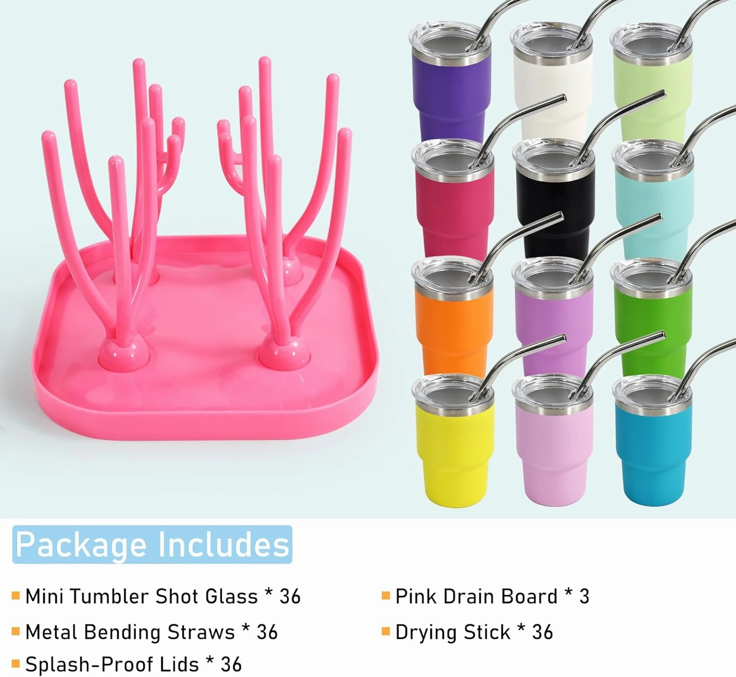 3 oz Stainless Steel Shot Glasses with Straw, Lid & Drying Rack - 36 Pcs Mini Tumblers for Wedding Party, Whiskey Cocktail Bar