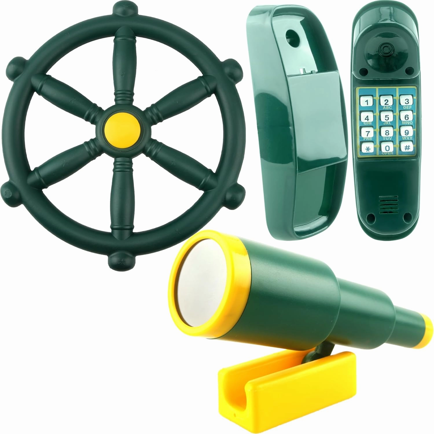 3 Pack Kids Playground Accessories Pirate Ship Steering Wheel Plastic Steering Wheel Swingset Telephone Plastic Telescope for Kids Outdoor Playhouse Treehouse Playset (Green)