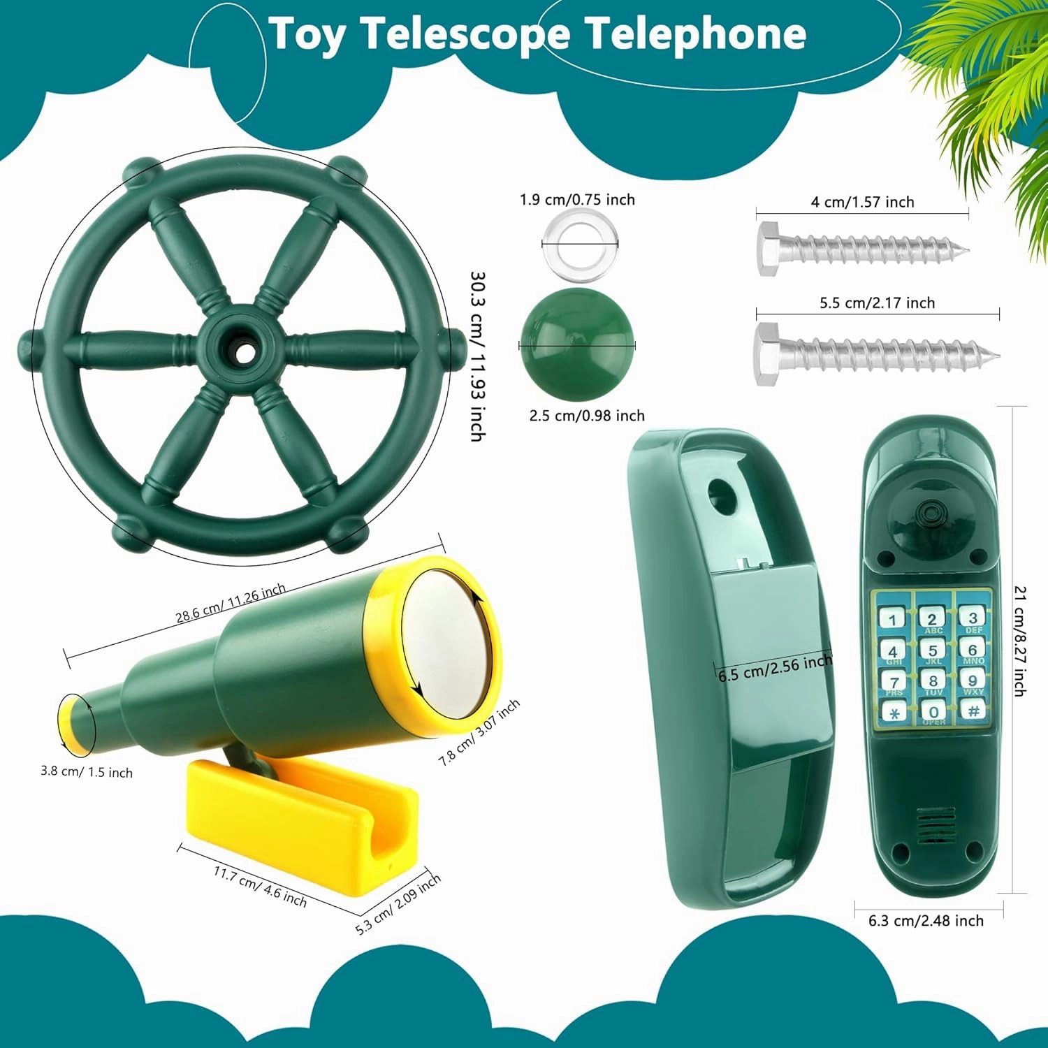 3 Pack Kids Playground Accessories Pirate Ship Steering Wheel Plastic Steering Wheel Swingset Telephone Plastic Telescope for Kids Outdoor Playhouse Treehouse Playset (Green)
