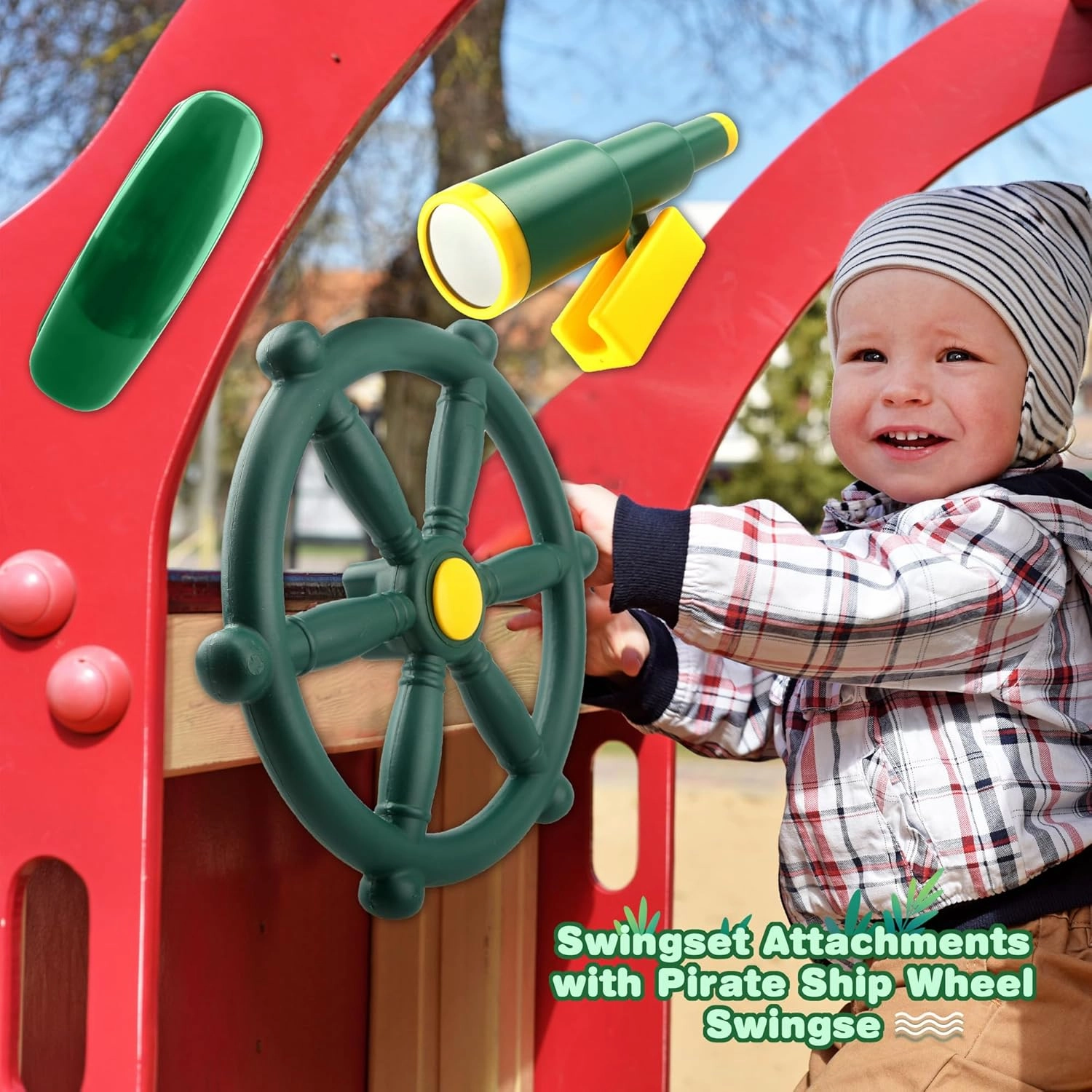3 Pack Kids Playground Accessories Pirate Ship Steering Wheel Plastic Steering Wheel Swingset Telephone Plastic Telescope for Kids Outdoor Playhouse Treehouse Playset (Green)