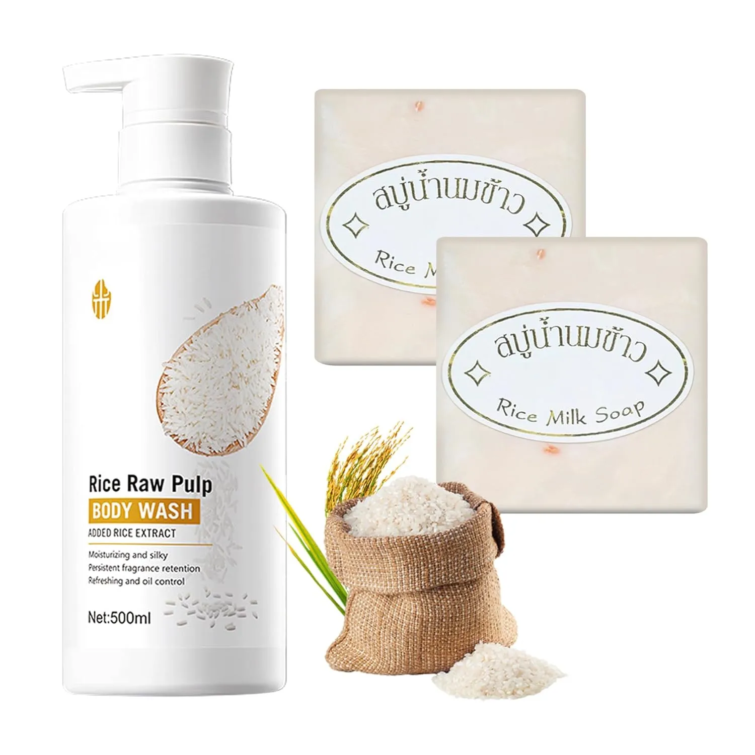 3PCS Rice Water Shampoo Bars and Moisturizing Body Wash,Multi-purpose Solid Shampoo Bar Soap for Face,Hair and Skin,Gentle Rice Soap and Bath Lotion,Hydrating Body Wash Set for Women and Men