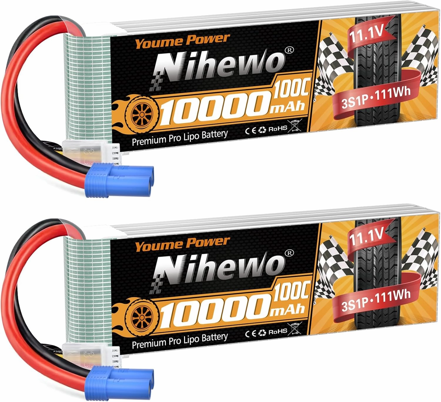 3S Lipo Battery 11.1V 10000mAh 100C RC Battery Soft Case EC5 Plug Compatible for RC Car Truck Tank Plane Drone Boat Racing Hobby Models (2 Packs)