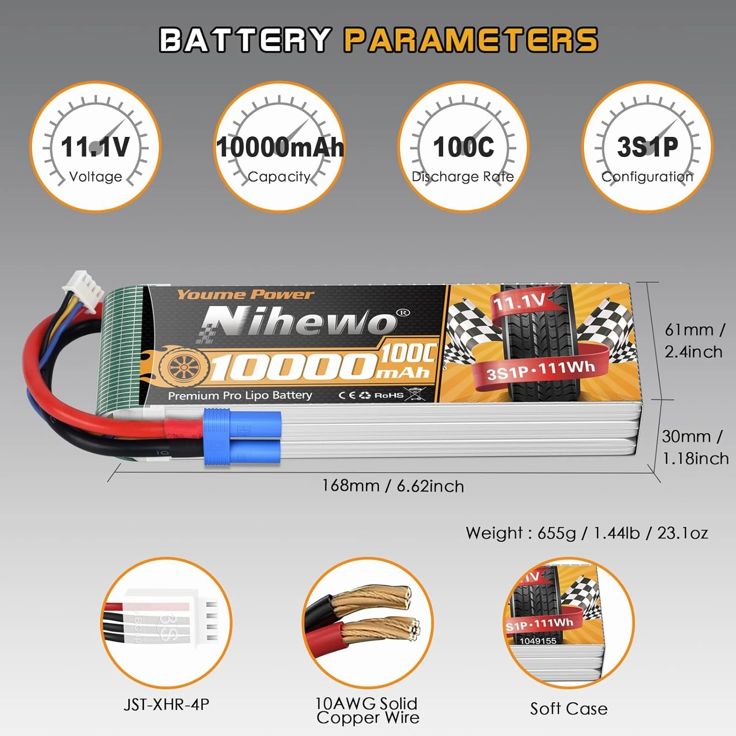 3S Lipo Battery 11.1V 10000mAh 100C RC Battery Soft Case EC5 Plug Compatible for RC Car Truck Tank Plane Drone Boat Racing Hobby Models (2 Packs)