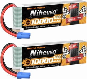 3S Lipo Battery 11.1V 10000mAh 100C RC Battery Soft Case EC5 Plug Compatible for RC Car Truck Tank Plane Drone Boat Racing Hobby Models (2 Packs)