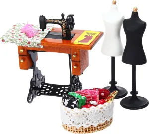 4 Pcs 1 :12 Miniature Sewing House Scene Miniature Sewing Machine, Sewing Basket, 2 Doll Dress Form for Vintage Valentines Toy Gift Mini Dollhouse Decoration Accessories