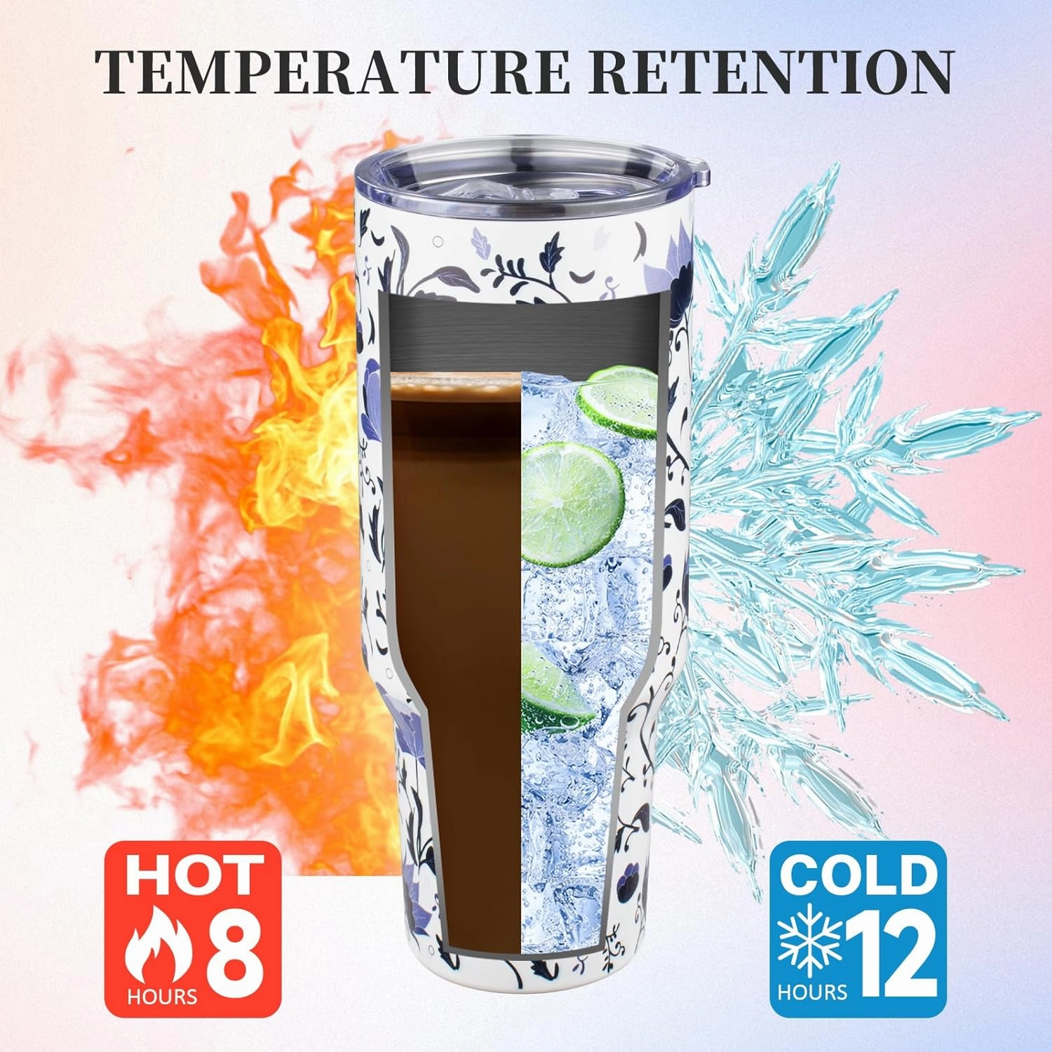 40 oz Tumbler with Lids and Straws Double Wall Insulated Tumbler Cup,Stainless Steel Vacuum Tumbler Powder Coated Travel coffee Mug for Cold and Hot Drinks,Blue and White Porcelain