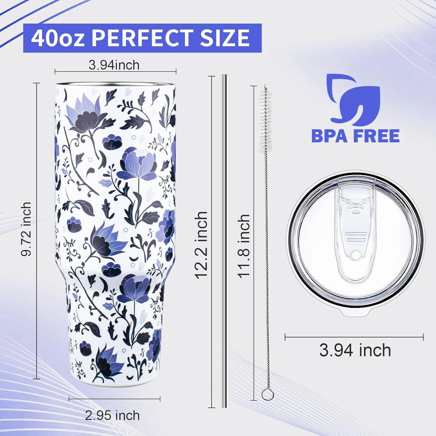40 oz Tumbler with Lids and Straws Double Wall Insulated Tumbler Cup,Stainless Steel Vacuum Tumbler Powder Coated Travel coffee Mug for Cold and Hot Drinks,Blue and White Porcelain