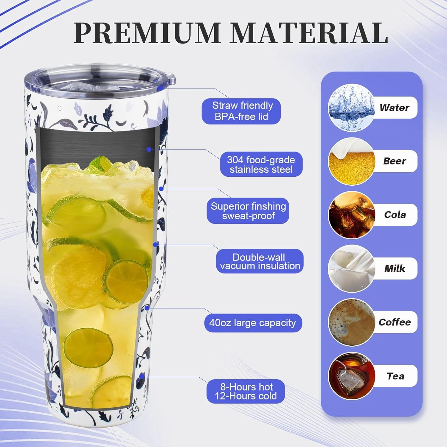 40 oz Tumbler with Lids and Straws Double Wall Insulated Tumbler Cup,Stainless Steel Vacuum Tumbler Powder Coated Travel coffee Mug for Cold and Hot Drinks,Blue and White Porcelain