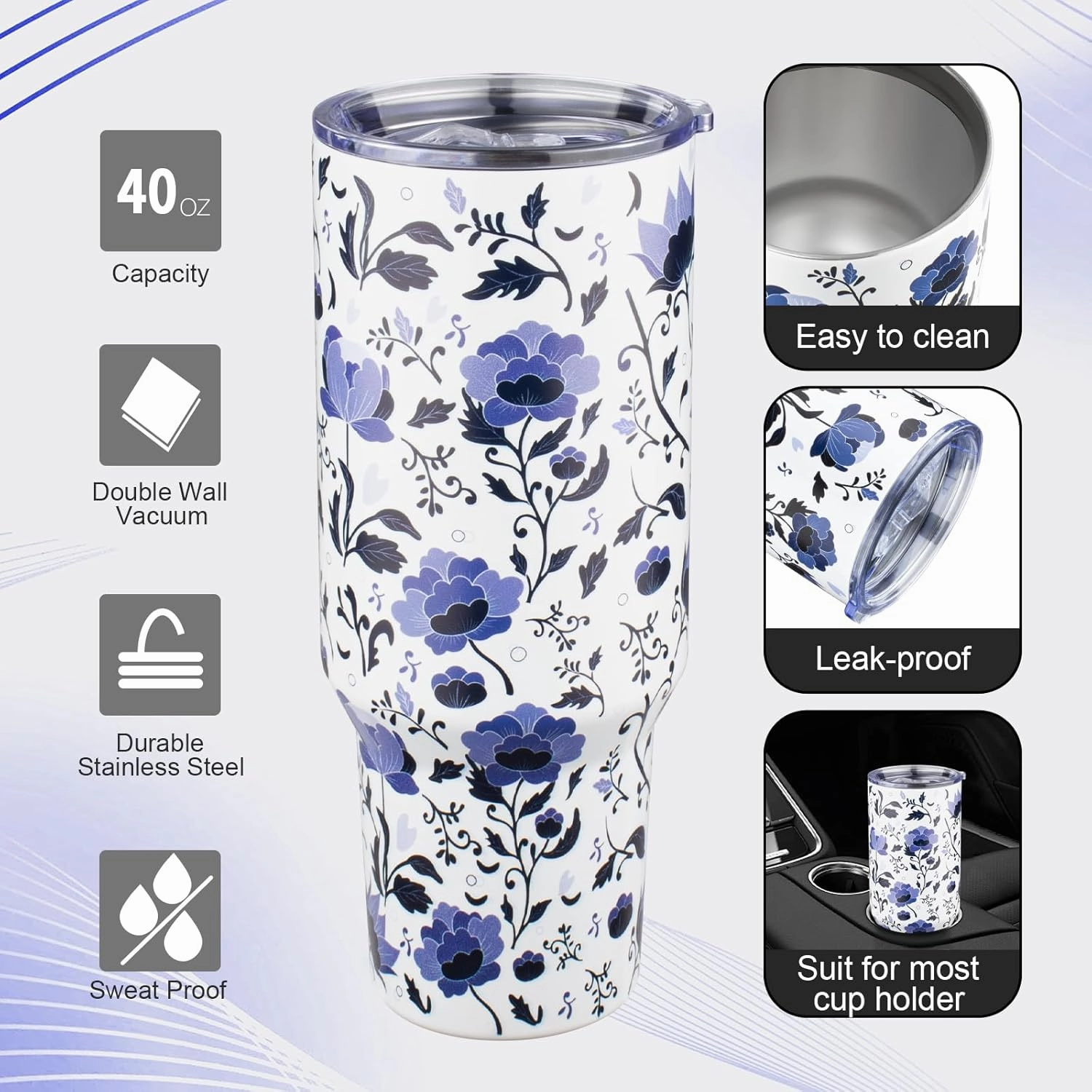 40 oz Tumbler with Lids and Straws Double Wall Insulated Tumbler Cup,Stainless Steel Vacuum Tumbler Powder Coated Travel coffee Mug for Cold and Hot Drinks,Blue and White Porcelain