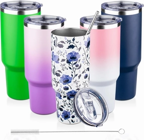 40 oz Tumbler with Lids and Straws Double Wall Insulated Tumbler Cup,Stainless Steel Vacuum Tumbler Powder Coated Travel coffee Mug for Cold and Hot Drinks,Blue and White Porcelain