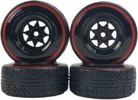 4 Pack 9mm Offset 1/10 Scale Plastic Wheel Rims 12mm Nut with Hard Plastic Tires Soft Insert Compatible with RC Car Drift and Touring Models
