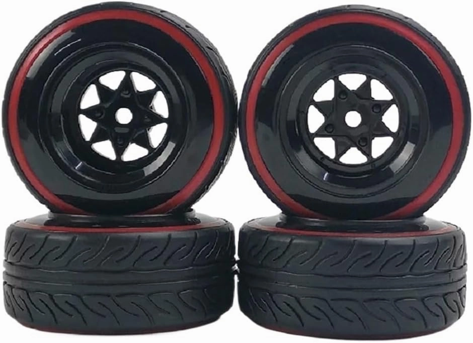 4 Pack 9mm Offset 1/10 Scale Plastic Wheel Rims 12mm Nut with Hard Plastic Tires Soft Insert Compatible with RC Car Drift and Touring Models