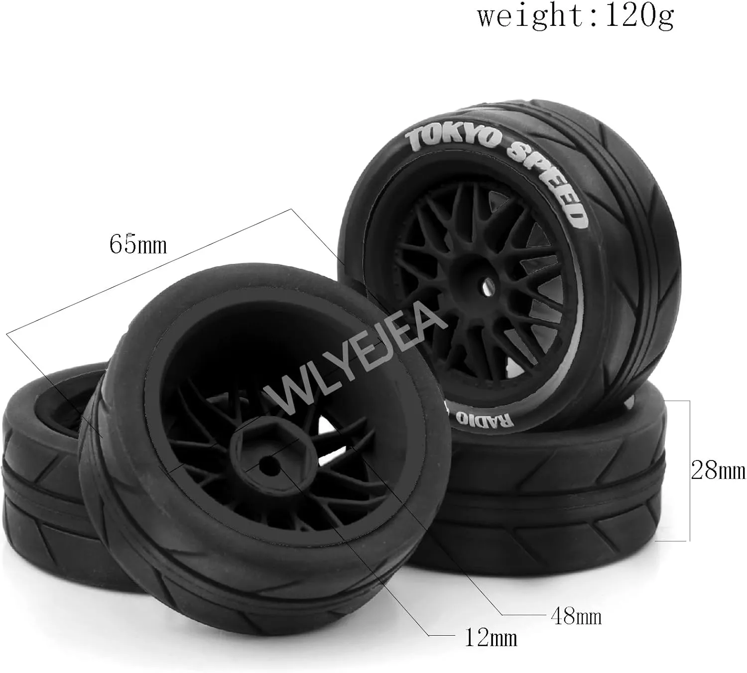 4PCS 1/10 RC On-Road Tires Y-Type Plastic Wheel Rim and 2.56" OD Rubber Tires 12mm Hex Fit for 1/10 On-Road Racing Car Tamiya TT02 TT01 Kyosho HSP HPI