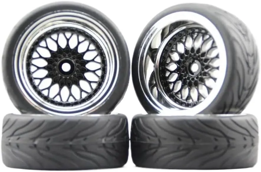 4pcs 1/10 RC Soft Rubber Touring Tires Devil Wheel Rim Y12CK Chrome Black Painting 3/6/9mm Offset Compatible with 1:10 Touring Cars(2PCS3MM with 2PCS9MM)