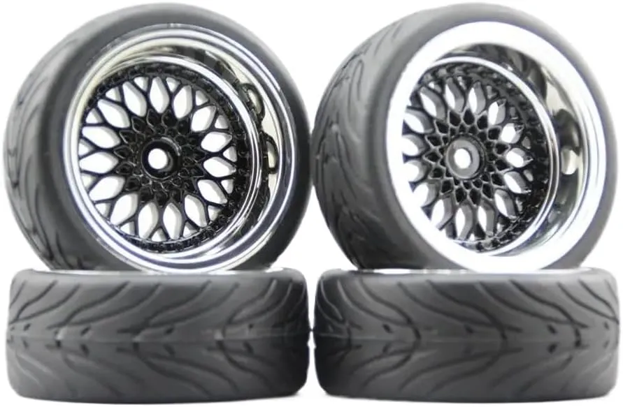 4pcs 1/10 RC Soft Rubber Touring Tires Devil Wheel Rim Y12CK Chrome Black Painting 3/6/9mm Offset Compatible with 1:10 Touring Cars(2PCS3MM with 2PCS9MM)