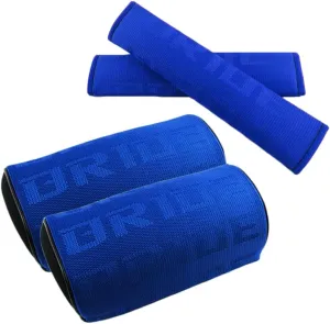 4PCS JDM Bride Racing Gradation for Car Seat Neck Rest Headrest Pillow with Seat Belt Cover Combo, Fabric Bucket seat Material (Blue)