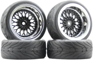 4pcs Soft Rubber Touring Tires Compatible with 1/10 RC Cars Devil Design Chrome and Black Wheel Rims with 3/6/9mm Offset Compatible with 1:10 Touring Car Models(2PCS6MM with 2PCS9MM)
