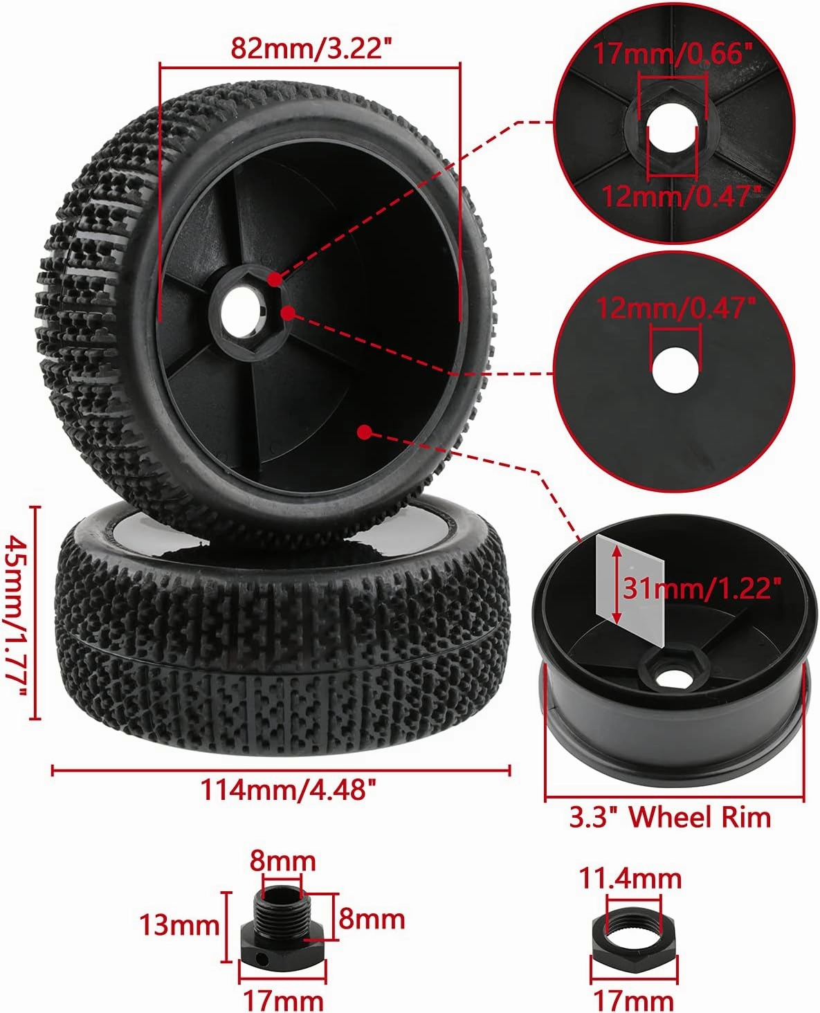 4pcs 17mm Tires and Hard Dish Wheels with Drive Hex Adapters for 1/8 Buggy RC Racing Car Kyosho Tamiya Redcat HPI Traxxas AE Losi TLR HSP 94762 94081