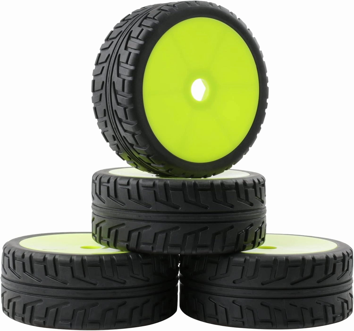 4pcs 1/8 RC Buggy Tires and Wheels, 17mm Hex Drive Hub Hard Dish Wheel and Foam Inserted Soft Rubber Tyres for On Road Racing Car, Fluorescent Green