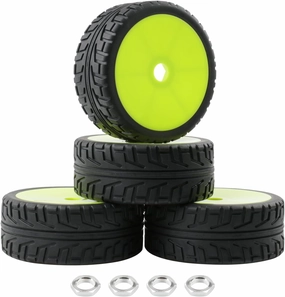 4pcs 1/8 RC Buggy Tires and Wheels, 17mm Hex Drive Hub Hard Dish Wheel and Foam Inserted Soft Rubber Tyres for On Road Racing Car, Fluorescent Green