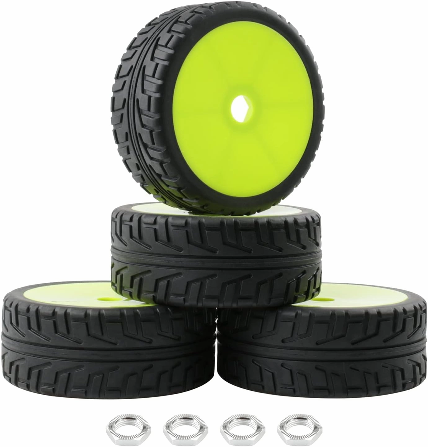 4pcs 1/8 RC Buggy Tires and Wheels, 17mm Hex Drive Hub Hard Dish Wheel and Foam Inserted Soft Rubber Tyres for On Road Racing Car, Fluorescent Green