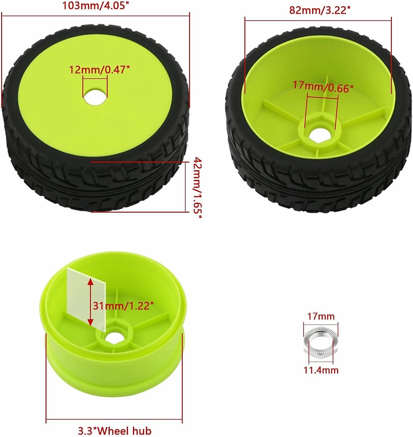 4pcs 1/8 RC Buggy Tires and Wheels, 17mm Hex Drive Hub Hard Dish Wheel and Foam Inserted Soft Rubber Tyres for On Road Racing Car, Fluorescent Green