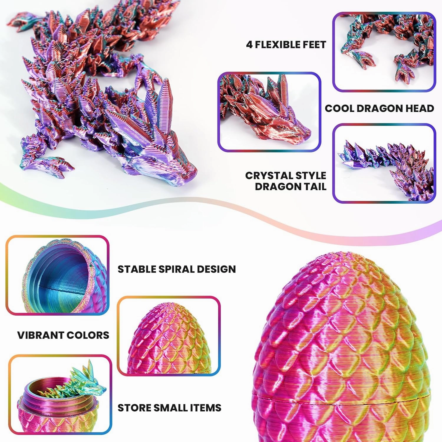 4PCS Dragon Eggs with Dragon Inside Mini Dragon Eggs Set Mystery Dragon Egg Fidget Toy Articulated Dragon 3D Printed Animals Set Mini Articulated Crystal Dragon Toy