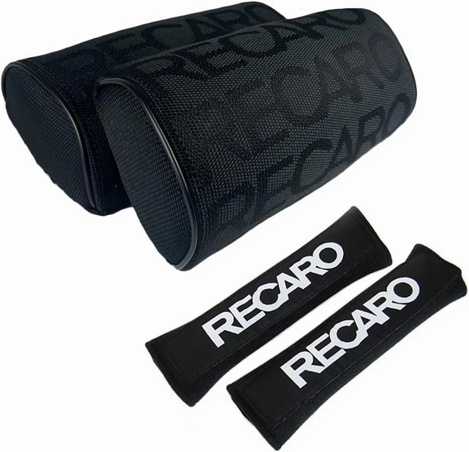 4PCS JDM RECARO Racing Gradation for Car Seat Neck Rest Headrest Pillow with Seat Belt Cover Combo, Fabric Bucket seat Material (Black)