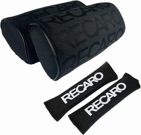 4PCS JDM RECARO Racing Gradation for Car Seat Neck Rest Headrest Pillow with Seat Belt Cover Combo, Fabric Bucket seat Material (Black)