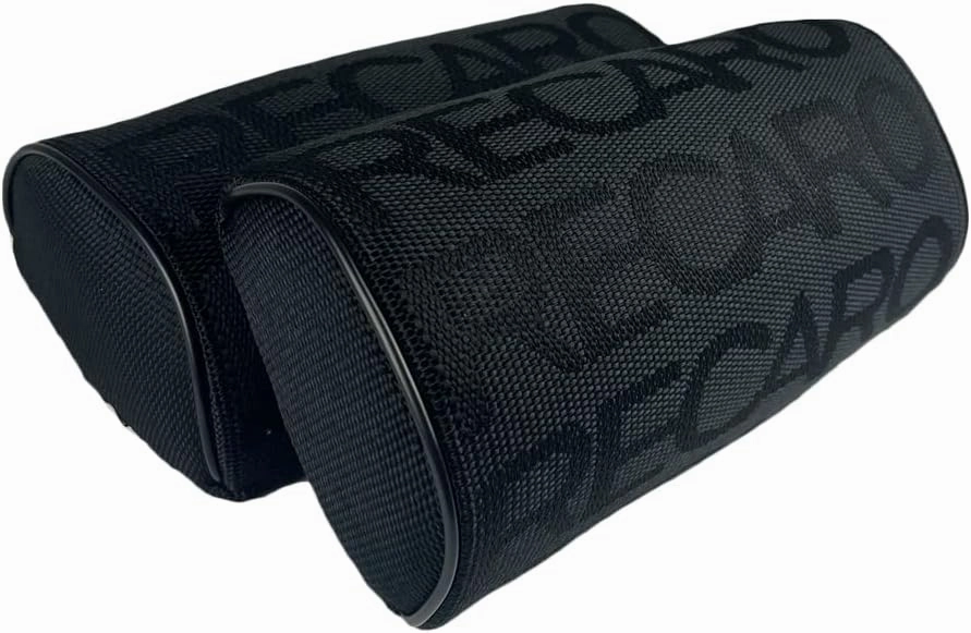 4PCS JDM RECARO Racing Gradation for Car Seat Neck Rest Headrest Pillow with Seat Belt Cover Combo, Fabric Bucket seat Material (Black)