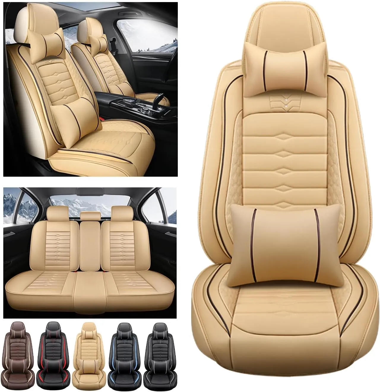 5 Seat Covers for Hyundai Elantra 2002-2024 Napa Leather Seat Covers Water and Dust Resistant Soft Car Seat Protectors Comfortable Car Seat Covers with Airbags (Beige, Luxury)