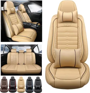 5 Seat Covers for Hyundai Elantra 2002-2024 Napa Leather Seat Covers Water and Dust Resistant Soft Car Seat Protectors Comfortable Car Seat Covers with Airbags (Beige, Luxury)