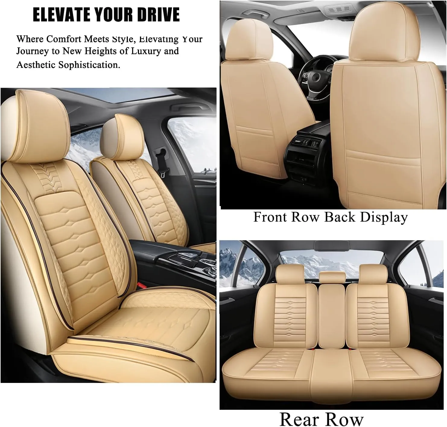5 Seat Covers for Hyundai Elantra 2002-2024 Napa Leather Seat Covers Water and Dust Resistant Soft Car Seat Protectors Comfortable Car Seat Covers with Airbags (Beige, Luxury)