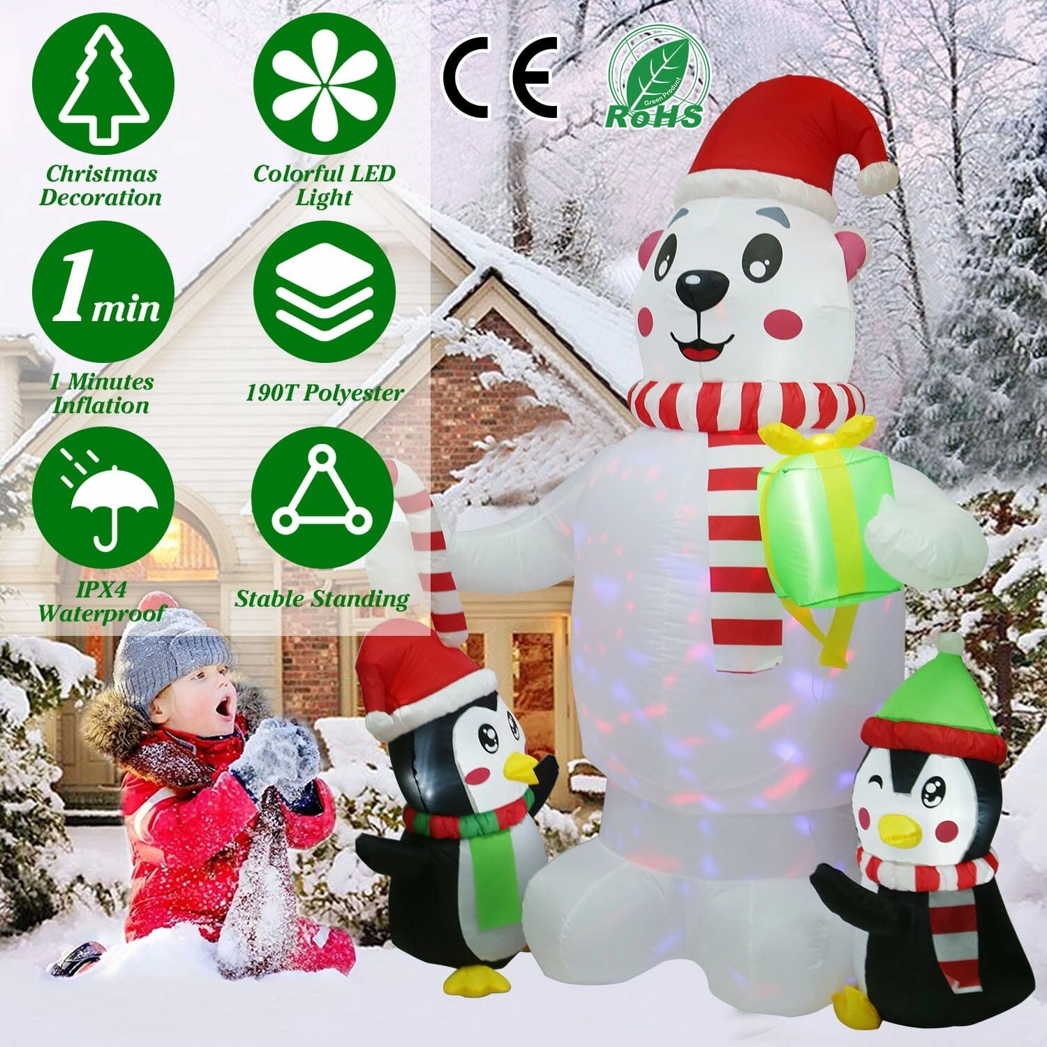 5.9Ft Christmas Inflatable Polar Bear and Penguin Blow Up Yard Outdoor Decoration with LED
