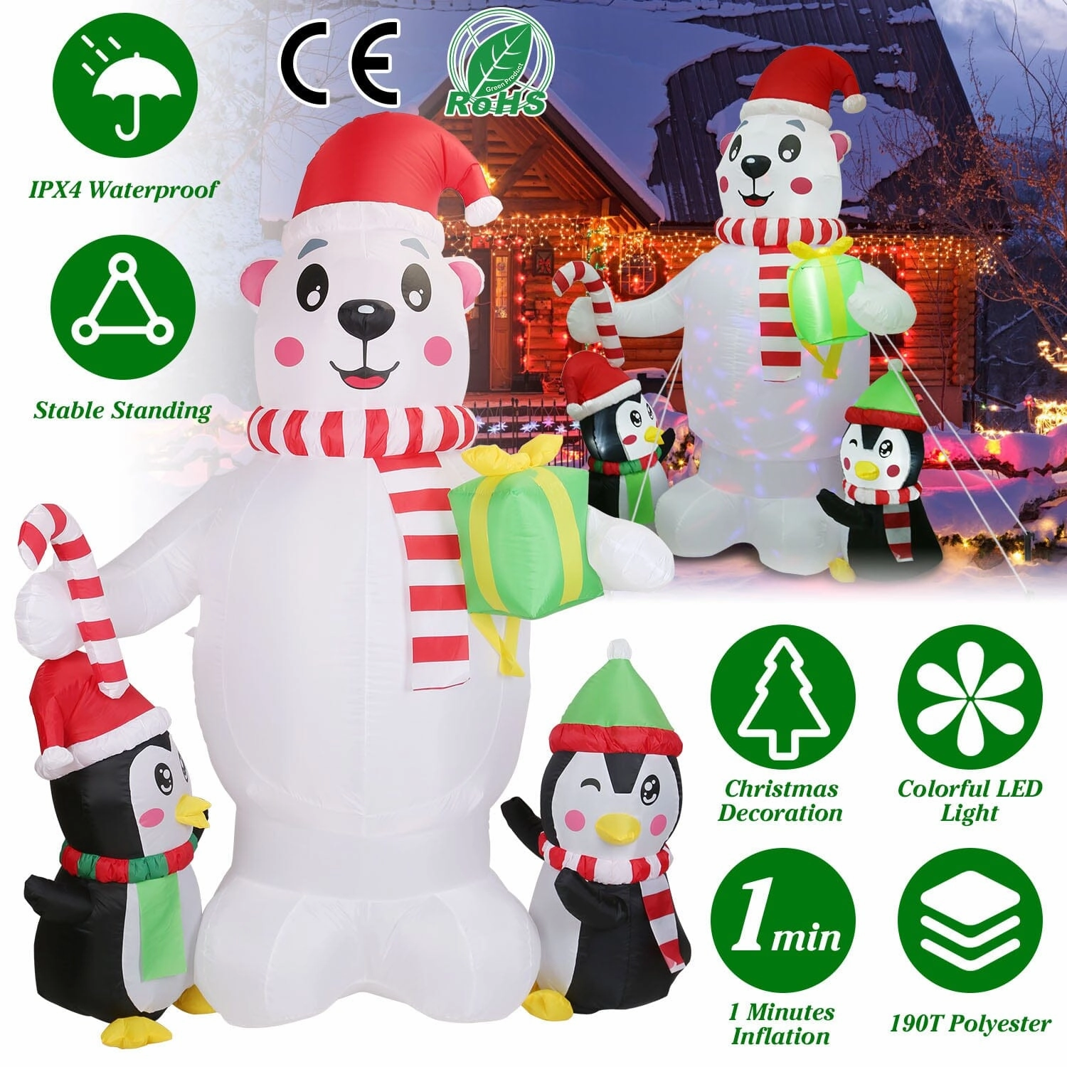 5.9Ft Christmas Inflatable Polar Bear and Penguin Blow Up Yard Outdoor Decoration with LED