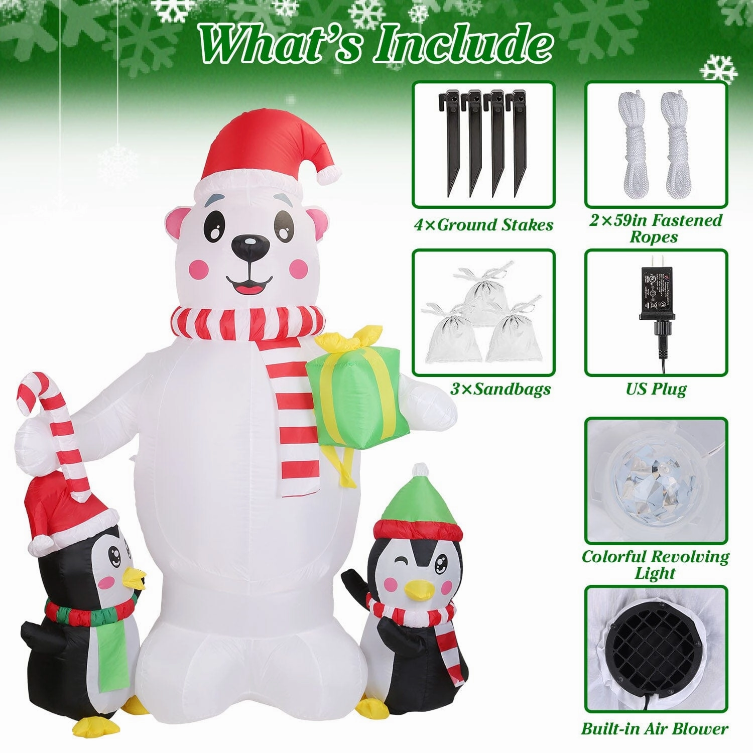 5.9Ft Christmas Inflatable Polar Bear and Penguin Blow Up Yard Outdoor Decoration with LED