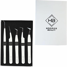 5 Pcs Eye Lash Extension Tweezers Set, Includes Pro Straight Isolation, Russian Volume, 90° Fan, 65° Volume, 14cm Long Isolation, 45° Diamond Cut Handle, 5-Piece White Card Box.