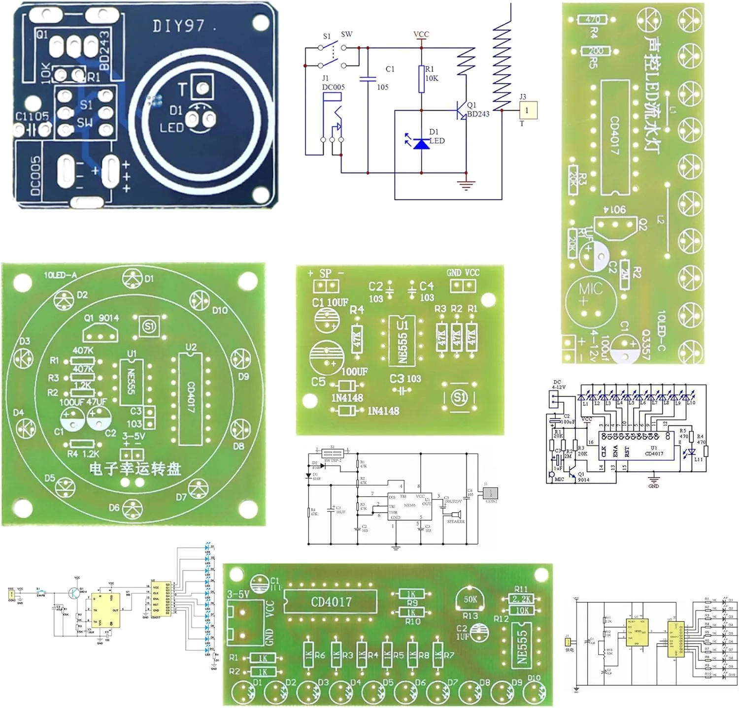 5in1 Soldering Practice Kit Mini Musical Tesla Coil, Plug-in Flowing Light,Doorbell, Sound-Activated Flowing Light, and Lucky Roulette Wheel Soldering Projects Soldering Practice for Teens