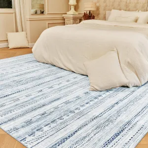 5x7 Area Rugs for Living Room Machine Washable Rug Distressed Indoor Carpet Neutral Moroccan Boho Rug Ultra Soft Area Rug for Bedroom Dining Room Playroom Office, Blue