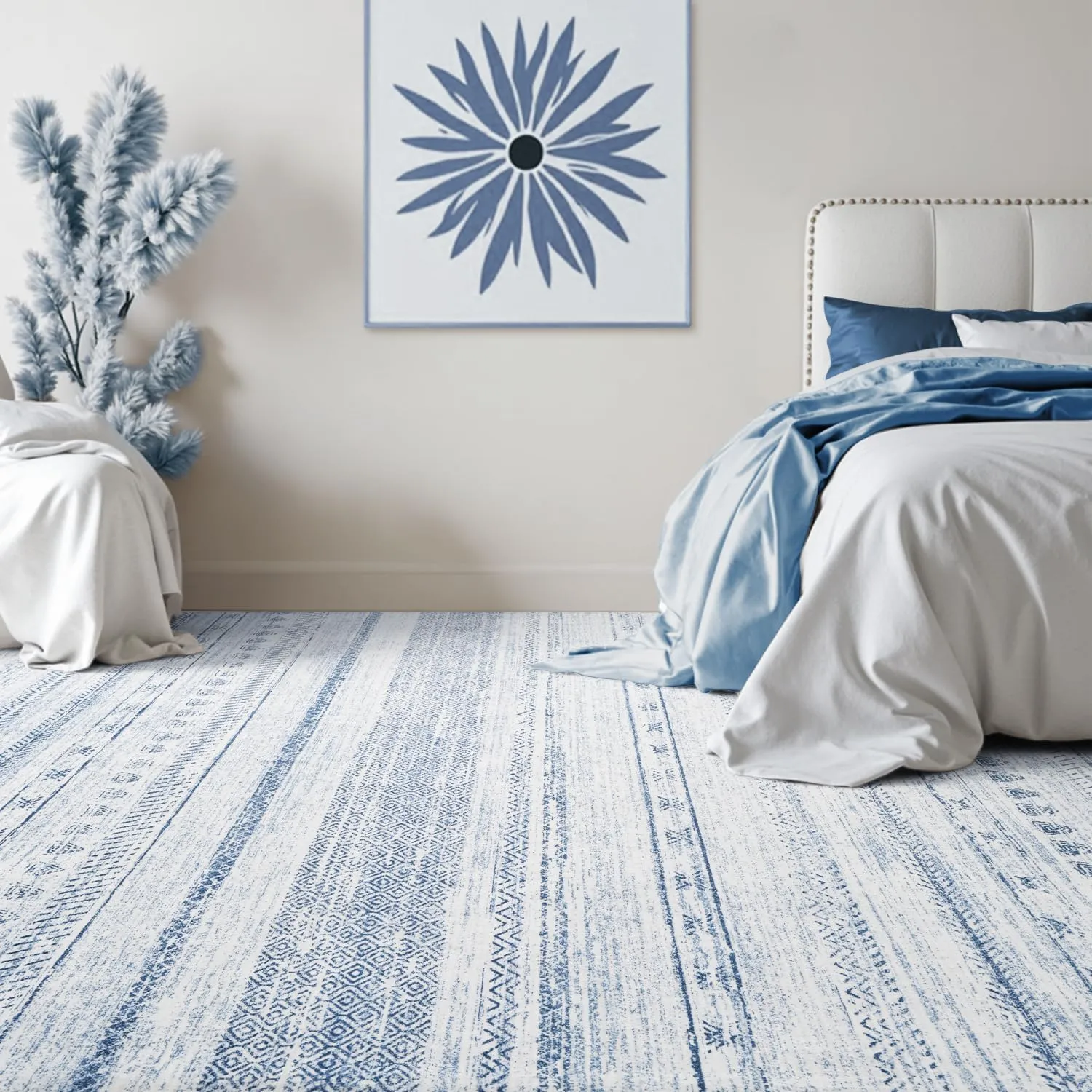 5x7 Area Rugs for Living Room Machine Washable Rug Distressed Indoor Carpet Neutral Moroccan Boho Rug Ultra Soft Area Rug for Bedroom Dining Room Playroom Office, Blue