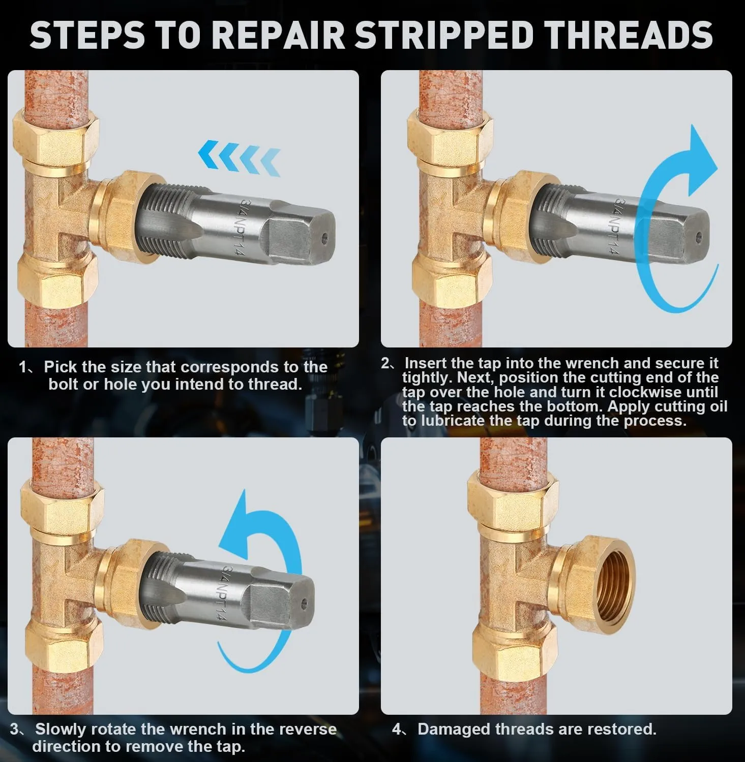 6-Piece NPT Pipe Tap Set, 1", 3/4", 1/2", 3/8", 1/4", 1/8" Taps Threading Tool, Precision Carbon Steel Tap Set Metric and Standard for Clean and Re-Thread Damaged or Jam Pipe Threads in Storage Case