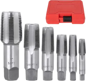 6-Piece NPT Pipe Tap Set, 1", 3/4", 1/2", 3/8", 1/4", 1/8" Taps Threading Tool, Precision Carbon Steel Tap Set Metric and Standard for Clean and Re-Thread Damaged or Jam Pipe Threads in Storage Case
