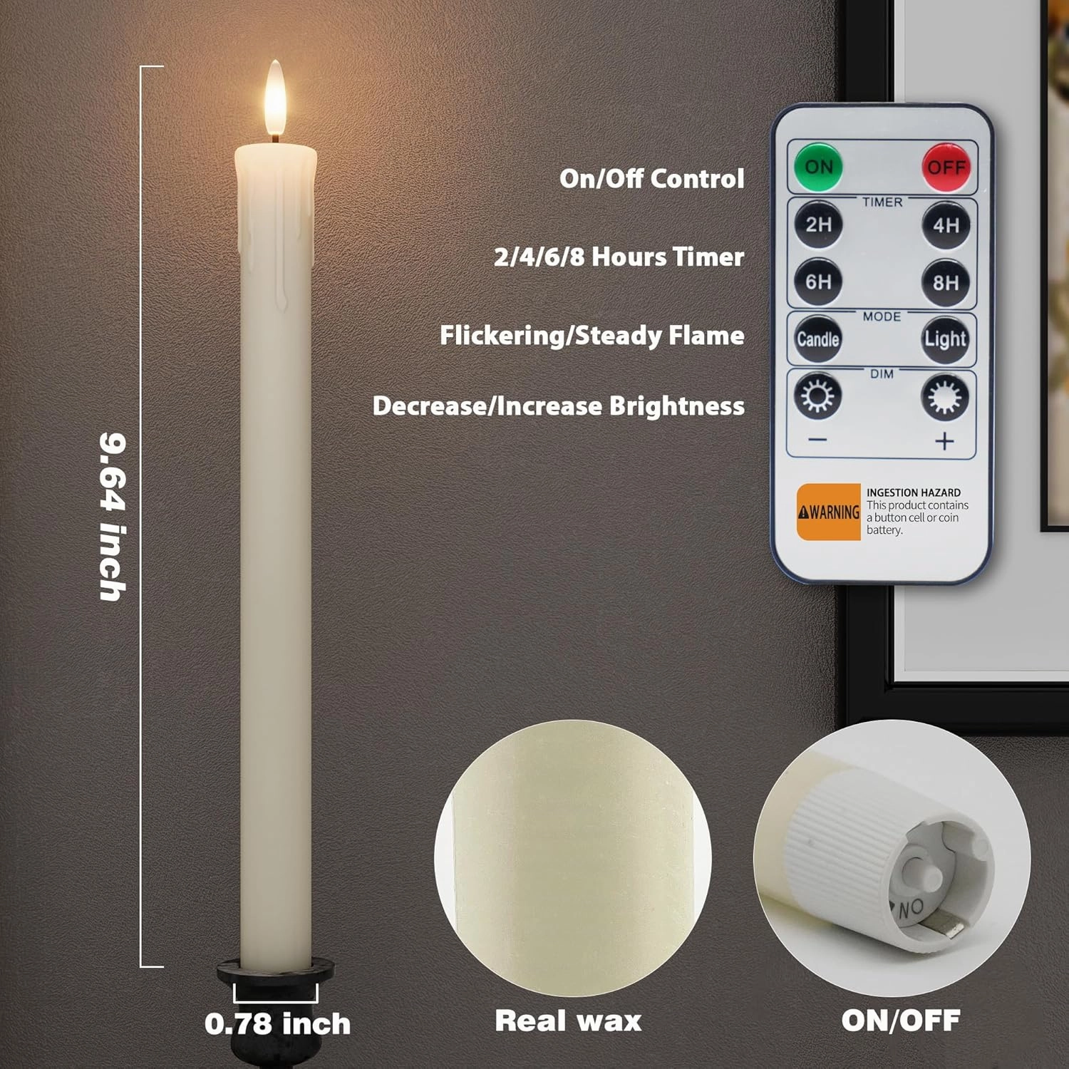 6 Pcs Rechargeable Flameless Taper Candles with Charging Station, Real Wax LED Taper Candles Flickering with Remote&Timer,3D Battery Operated Window Candlesticks for Home Wedding Christmas Decor Ivory