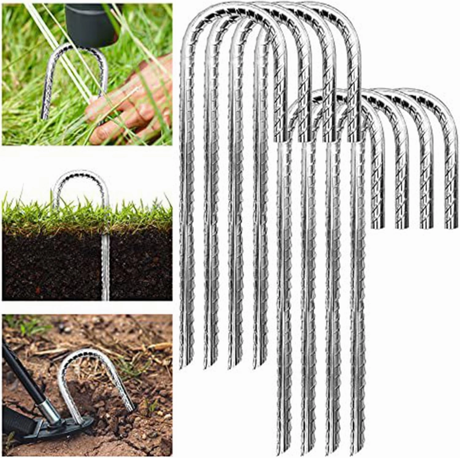 6pcs/Set Galvanized Ground Stakes Anchors Stainless Steel Garden Stakes J Hook Designs for Tents Trampolines