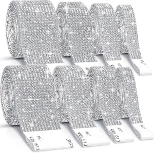 8 Rolls Rhinestone Ribbons,Cludoo 8 Yard Silver Self Adhesive Rhinestone Ribbon, Bling Crystal Diamond Ribbon Roll Wrap Glittering Rhinestones Sticker for Decoration Car DIY Arts Crafts Wedding
