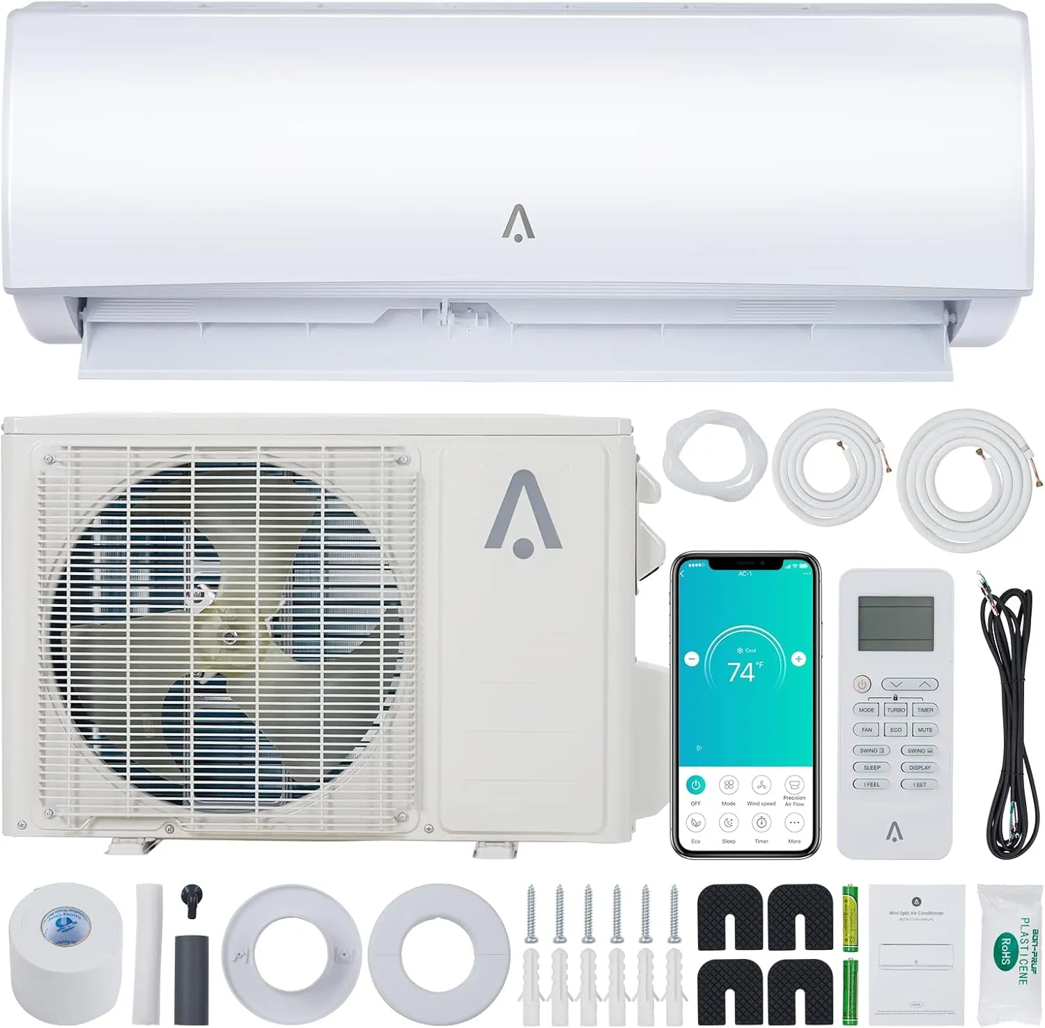 9,000 BTUs Mini-Split Air Conditioning Heating System, 19 Seer2 Inverter Mini-Split Air Conditioner, Cools up to 450 Sq. Ft. Ductless Mini-Split Heat Pump Wall Mount with Installation Kit, 115 V