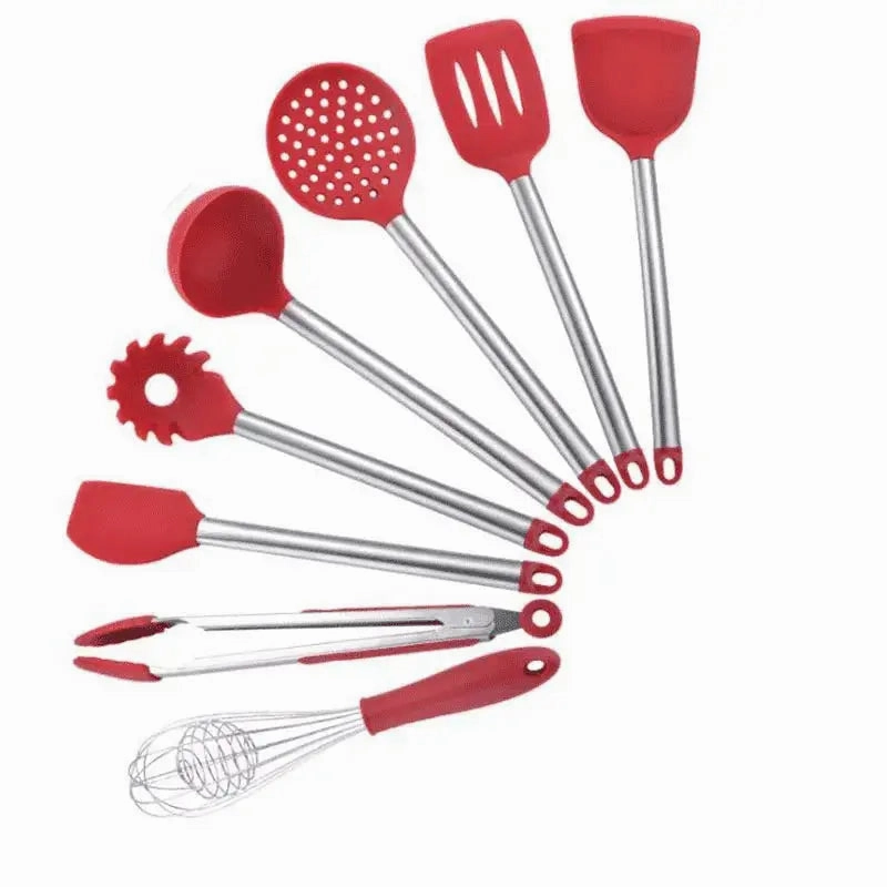 9-Piece Stainless Steel & Silicone Kitchen Utensil Set with Storage Bucket