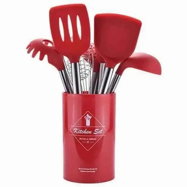 9-Piece Stainless Steel & Silicone Kitchen Utensil Set with Storage Bucket