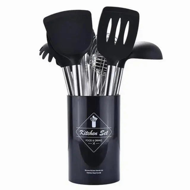 9-Piece Stainless Steel & Silicone Kitchen Utensil Set with Storage Bucket